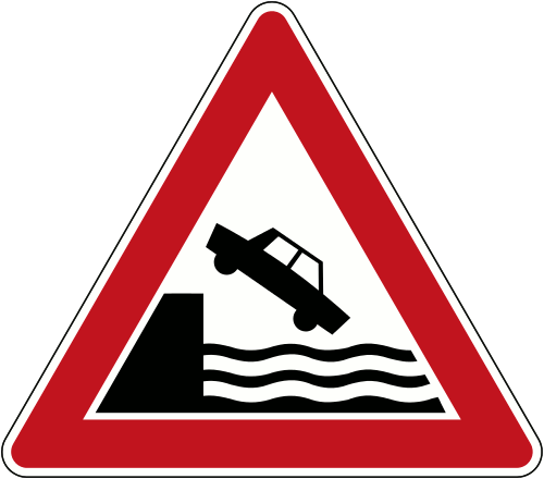 Verkehrszeichen: Ufer (mit einem ins Wasser fallenden Auto)