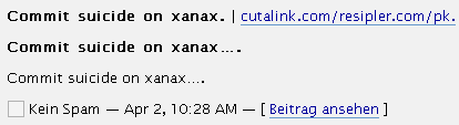 Screenshot aus dem Spamfilter: Commit suicide on xanax
