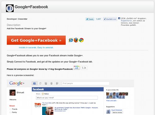 Screenshot der betrügerischen Webseite Google+Facebook