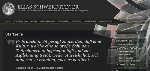 Screenshot meiner Homepage unter tamagothi.de, im Titel steht in großen Buchstaben Elias Schwerdtfeger