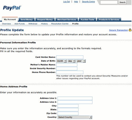 Screenshot der angehängten betrügerischen Phishing-Seite für PayPal-Kunden