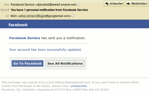 Facebook Service has send you a notification. Your account has been successfully updated. Go to Facebook. See All Notifications.