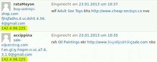 Zwei Kommentarspams von der gleichen IP-Adresse, einmal für Sexspielzeug, einmal für Ölgemälde