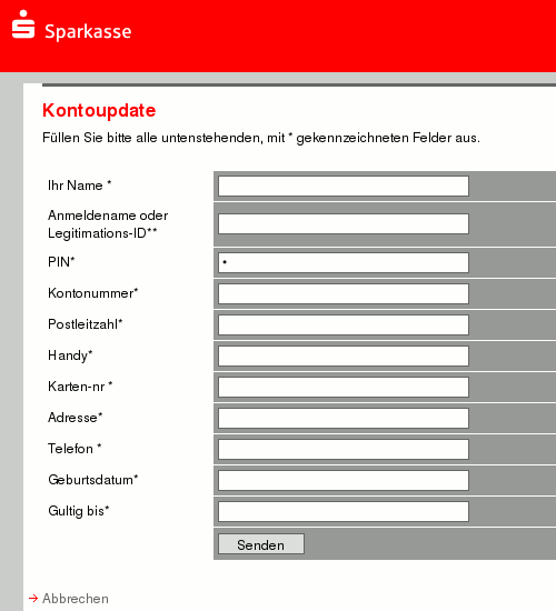 Screenshot der Phishing-Seite