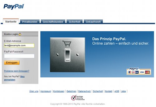 Screenshot der PayPal-Phishingseite mit der eingetragenen Mailadresse