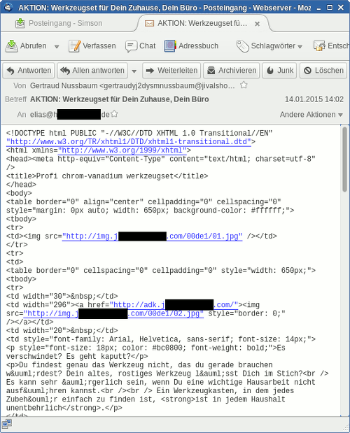 Screenshot einer E-Mail, bei der nicht der richtige MIME-Type angegeben wurde, so dass der HTML-Quelltext als Text dargestellt wird