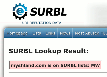 Ausgabe des Lookups bei SURBL: myshland.com is on SURBL list: MW