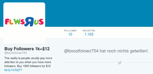 Screenshot des Profiles von @boostfolowz754, der 1.103 Favoriten hat, aber niemandem folgt und noch nichts getwittert hat