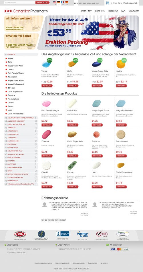 Screenshot der betrügerischen Website. Eine Pimmelpillen-Apotheke der Marke 'Canadian Pharmacy' mit hochnotpeinlichen Amerika-Getümel in deutscher Sprache