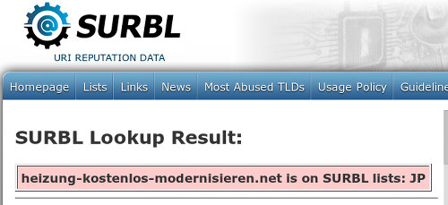 Screenshot mit der SURBL-Abfrage für die in der Spam verwendete Domain