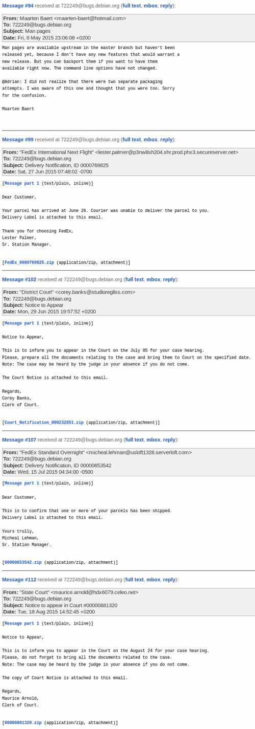 Screenshot des Debian-Bugtrackers zu simplescreenrecorder. Die letzten vier Beiträge sind leicht als solche erkennbare Spam, die angehängten ZIP-Dateien sind Schadsoftware.
