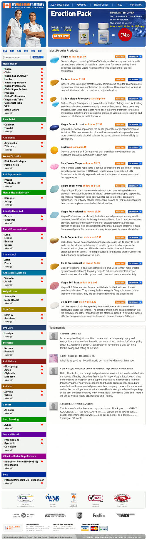 Screenshot der betrügerischen Website, die beinahe nur Pimmelpillen und Medikamente mit hohem Potenzial des Medikamentenmissbrauches anzubieten hat -- zum Vergrößern klicken