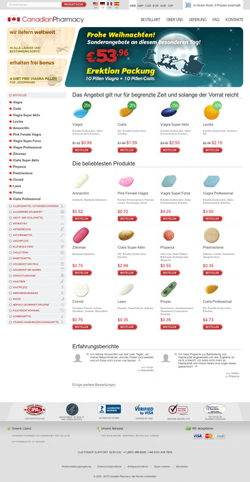 Screenshot der betrügerischen Website, die sich mal wieder 'Canadian Pharmacy' nennt