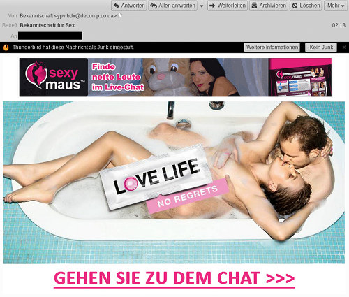 Screenshot der Spam -- Eine bannerartige Grafik für einen Anbieter, der unter 'sexymaus' firmiert zusammen mit der Aufforderung: 'Finde nette Leute im Live-Chat' -- Darunter eine große Grafik eines Paares in einer Badewanne, die auf mich eher den Eindruck macht, als sollte sie für die Nutzung von Kondomen werben -- Darunter der Link mit dem Linktext: 'GEHEN SIE ZU DEM CHAT'