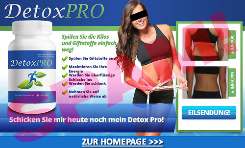 Die Grafik aus der Spam: DetoxPRO -- Foto eine Medikamentenflasche und einer lächelnden schlanken Frau mit Maßband um ihren Bauch -- Spülen Sie die Kilos und die Giftstoffe einfach weg! -- Spülen Sie Giftstoffe aus -- Maximieren Sie Ihre Energie -- Werden Sie überflüssige Schlacke los -- Werden Sie schlank -- Nehmen Sie auf natürliche Weise ab. -- Schicken Sie mir noch heute mein Detox Pro -- Zur Homepage