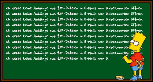 Bart Simpson steht vor einer Tafel und schreibt als Strafarbeit immer wieder 'Ich werde keine Anhänge aus ZIP-Dateien in E-Mails von Unbekannten öffnen'.