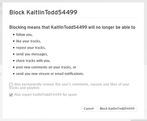 Screenshot des Dialoges beim Blocken eines Soundcloud-Benutzers