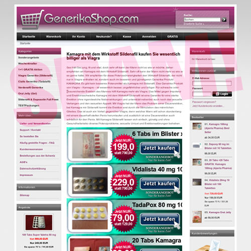 Screenshot der betrügerischen und lebensgefährlichen Pimmelpillenapotheke generikashop.com
