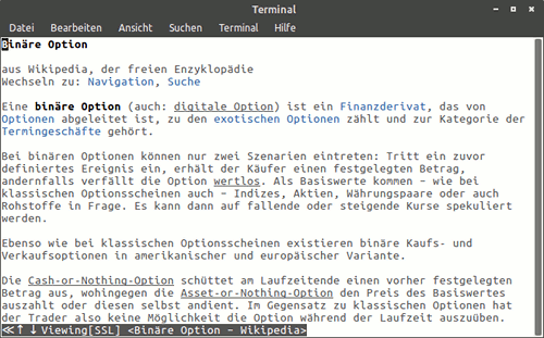 Screenshot meines Terminals, das w3m bei der Darstellung der Seite zum Wikipedia-Lemma 'Binäre Option' zeigt.