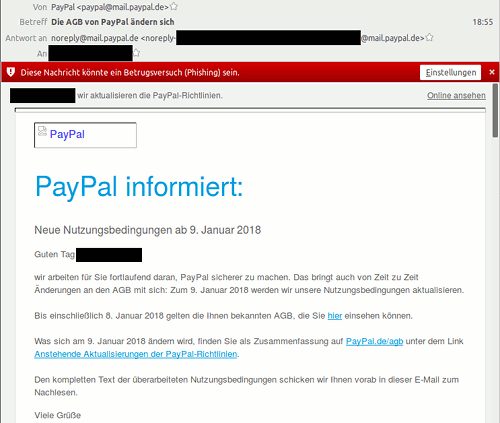 Screenshot der Ansicht der PayPal-Mail im Thunderbird