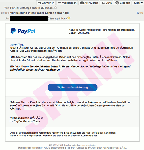 Screenshot des Layouts der Phishing-Spam