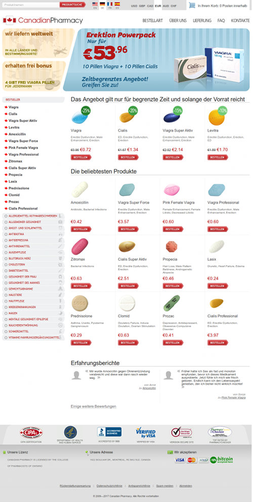 Screenshot der in der Spam verlinkten betrügerischen Website namens 'Canadian Pharmacy'