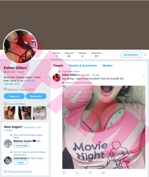 Screenshot des Twitterprofiles von Esther Gilbert @cglong81, das als spammiger Köder zu irgendeiner Datingklitsche dient