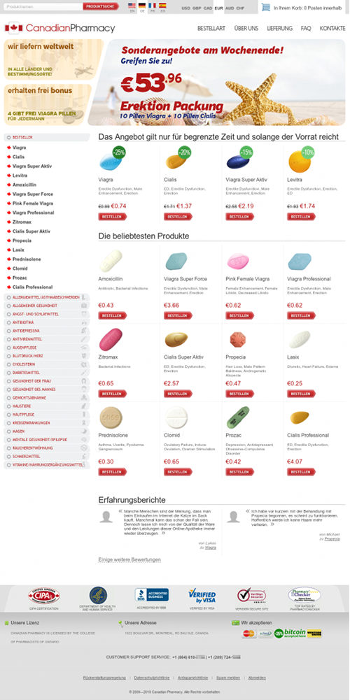 Screenshot einer betrügerischen Apotheke der spammigen Marke Canadian Pharmacy