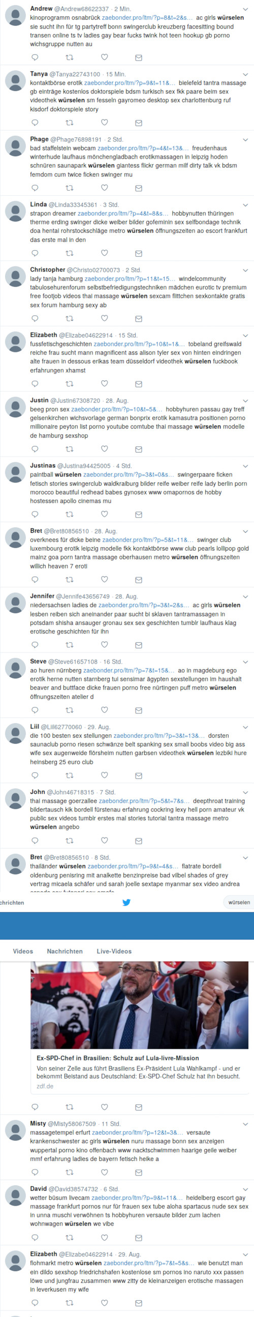 Mit Ausnahme eines Berichtes über Martin Schulz (SPD) handelt es sich ausschließlich um klar erkennbare Spam für wenig empfehlenswerte Erotik- und Pornografie-Anbieter