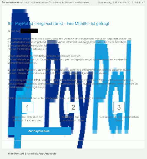 Screenshot der nahezu unlesbaren, unglaublich hässlich gestalteten Phishing-Spam mit einem pixeligen, unproportional skalierten PayPal-Logo im Hintergrund.