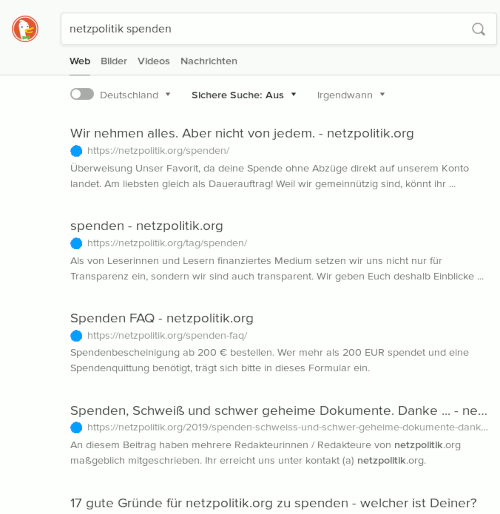 Screenshot DuckDuckGo bei der Suche nach 'netzpolitik spenden' -- an erster Stelle erscheinen die Spendenmöglichkeiten von netzpolitik.org