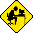 Animierte Grafik eines Menschen vor einem Computer, der mit seinen Kopf immer wieder in die Tastatur kracht im Stile eines US-amerikanischen Verkehrsschildes