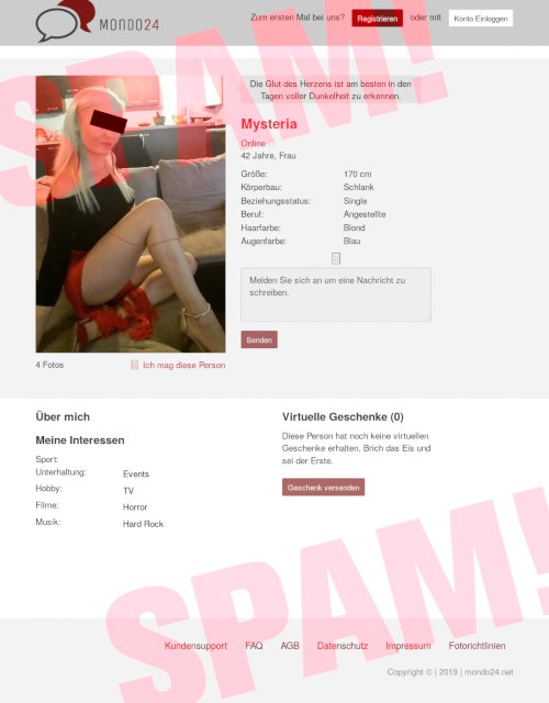 Screenshot der spambeworbenen Datingwebsite in der Domain date-mondo24.net mit dem spammigen Profil von Mysteria