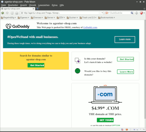 Screenshot des Webbrowsers, der die Website unter www punkt agentur strich shop punkt com anzeigt: Es handelt sich um eine von GoDaddy gegrabbte Domain, die jeder für fünf Dollar kaufen kann.
