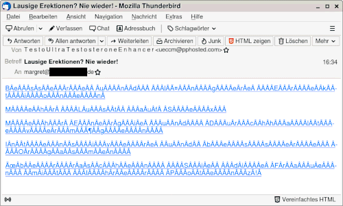 Screenshot vom Thunderbird, der eine völlig kaputte E-Mail zeigt, von deren Inhalt nur der Betreff lesbar ist. Man kann noch erkennen, dass im Namensteil der Empfängeradresse ein Frauenname steht.