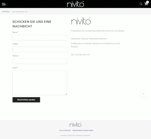 Screenshot des Kontaktformulares -- Produzieren Sie hochwertige Edelstahl-Armaturen und Spülen -- Weltweiter Versand | Weltweiter Bestand -- Großhandel, Architekten, Bauherren kontaktieren uns für Projekte -- sales@nivito.com