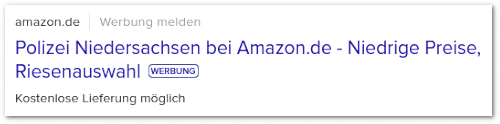 amazon.de | Werbung melden -- Polizei Niedersachsen bei Amazon.de -- Niedrige Preise, Riesenauswahl -- [Werbung] -- Kostenlose Lieferung möglich