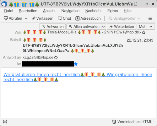 Screenshot eines Thunderbird-Fensters, der eine E-Mail anzeigt, in deren Betreff Emoji korrekt codiert wurden und einen nochmals Base64-codierten Betreff einrahmen. Generell ist alles voller Emoji.