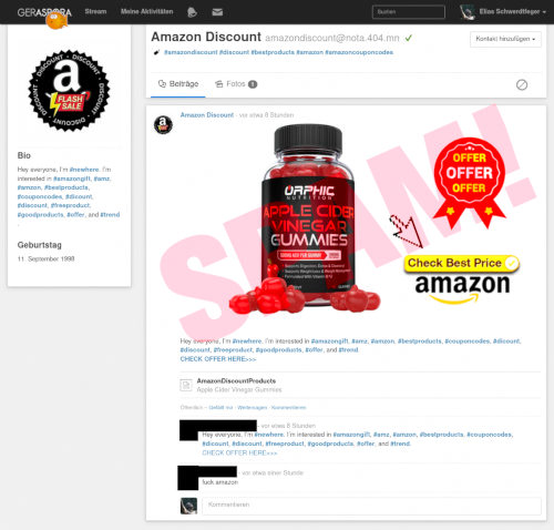 Screenshot des Profils des Diaspora-Spamfollowers amazondiscount@nota.404.mn mit dem Angebot eines über Amazon käuflichen Nahrungsergänzungsmittels