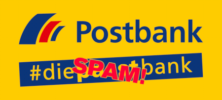 Logo der Postbank mit Reklame-Claim: Postbank -- #diepasstbank