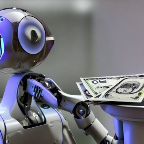 Von einem angelernten neuronalen Netzwerk generiertes Bild eines Roboters, der Geld serviert.