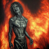 Mit Stable Diffusion generiertes Bild einer menschlichen Gestalt, die in den Feuern der Hölle gequält wird.