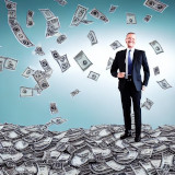 Von Stable Diffusion gerendertes Bild eines Mannes im Anzug, der auf herunterregnendem Geld steht.