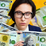 Mit Stable Diffusion generiertes Bild einer Frau mit leicht irrem Blick und ganz vielen Banknoten