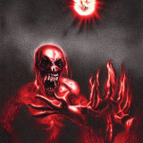 Mit Stable Diffusion generiertes Bild eines brennenden Dämons unter einer bösen Sonne.