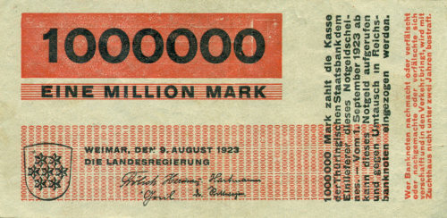 Abbildung einer Notgeld-Banknote der Stadt Weimar aus dem Jahr 1923 über eine Million Mark.