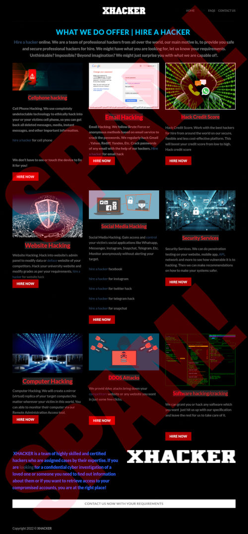 Screenshot der Website, die diverse angebliche Hacking-Dienstleistungen anbietet.