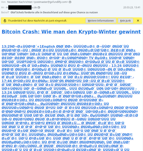 Screenshot der Darstellung dieser Spam in einer Mailsoftware, die sicher konfiguriert ist und keine Bilder aus dem Web nachlädt -- Bitcoin Crash: Wie man den Krypto-Winter gewinnt -- dies wird gefolgt von ellenlangem Zeichensalat ohne Sinn und Bedeutung