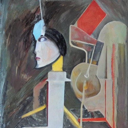 Mit Stable Diffusion generiertes dadaistisches Gemälde eines Kopfes, der auf einem dickeren Stab steckt