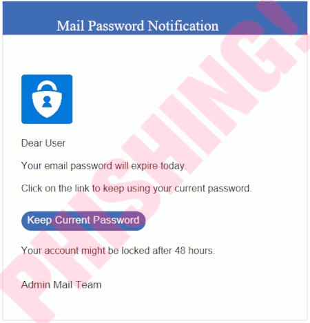 Mail Password Notification -- Dear User -- Your email password will expire today -- Click on the link to keep using your current passwort -- [Keep Current Password] -- Your account might be locked after 48 hours -- Admin Mail Team